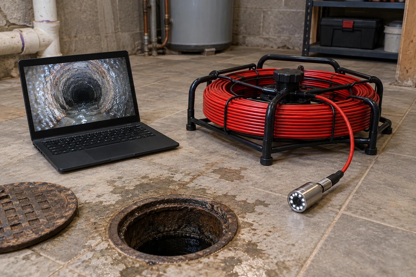 Horizontal red-hose inspection reel and black laptop displaying a dark drain pipe near a basement access