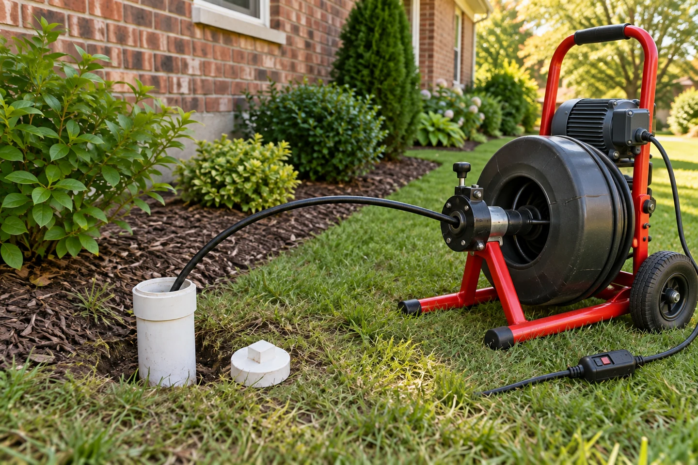 Electric cable drain auger feeding into a white outdoor PVC cleanout beside a brick house