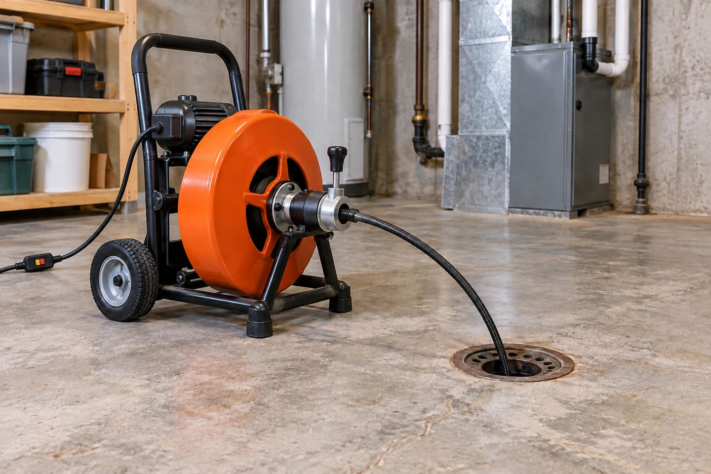 Electric compact drain auger feeding a black cable into a basement floor drain