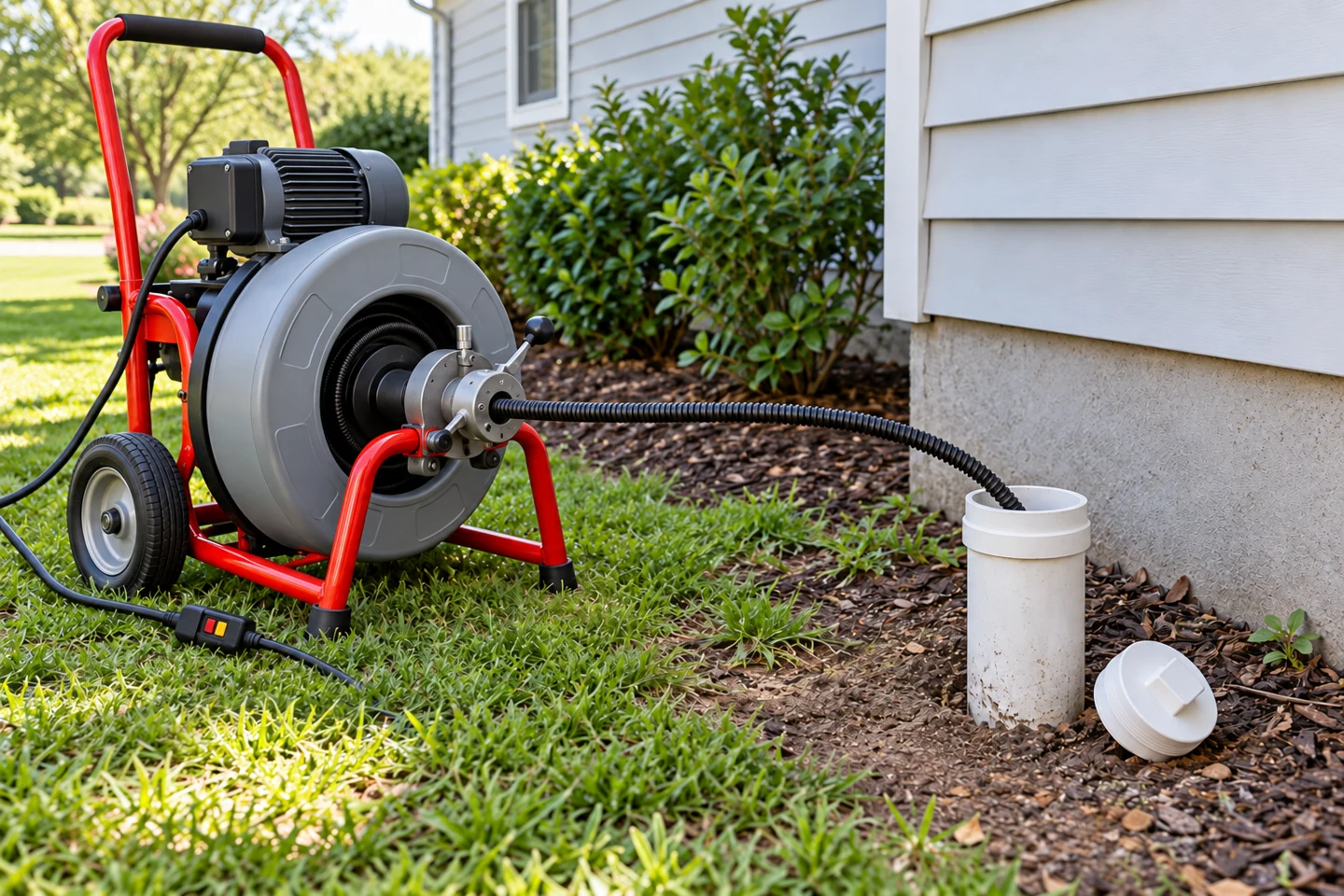 Electric drain snake machine feeding a cable into an outdoor PVC cleanout