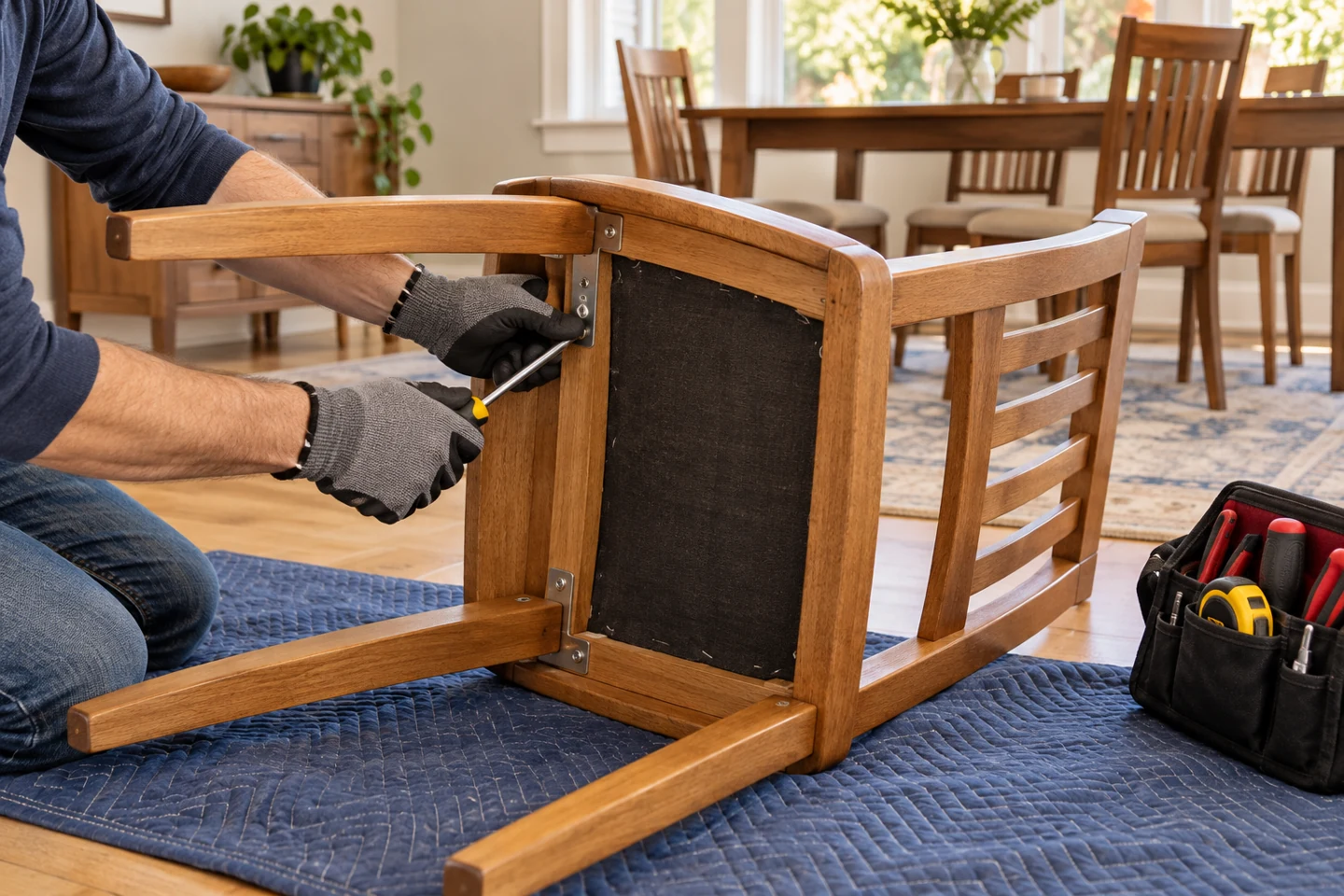 Gloved hands tightening a bracket on a wooden dining chair