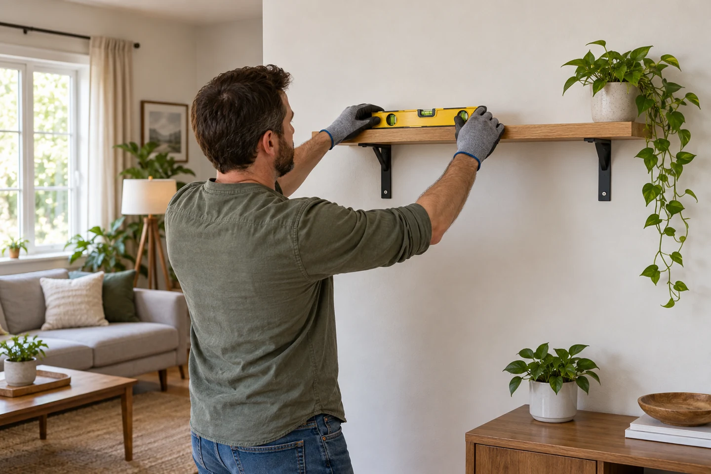 Handyman checking a wooden wall shelf with a spirit level